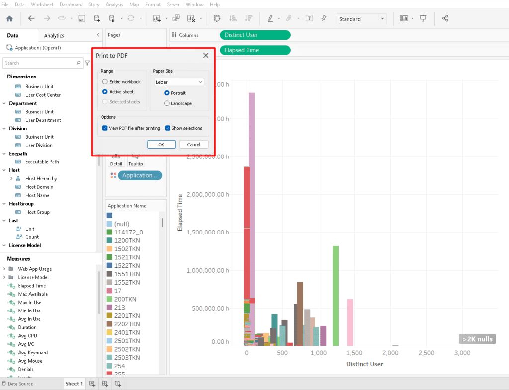 Tableau Print to PDF screenshot