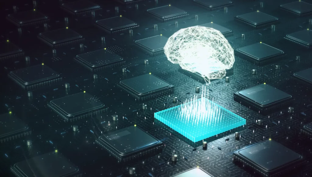 Image of a glowing brain on top of CPU chips