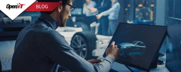 an automotive engineer using a touchscreen monitor to create a 3d car model in a high-tech workshop. showcases open it’s software license compliance solutions for the automotive industry, ensuring efficient management and optimization of engineering design software.