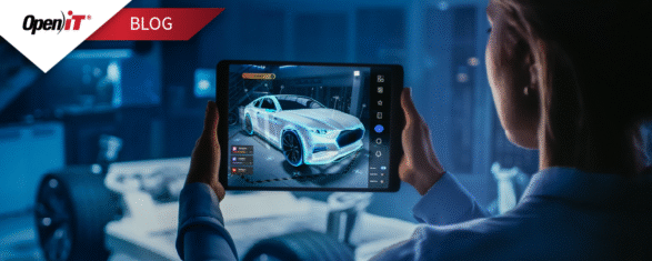 an automotive engineer using a tablet to visualize a 3d car model in a design lab. represents open it’s license tracking solutions tailored for the automotive industry, enabling optimized software usage, compliance, and cost control in engineering workflows.