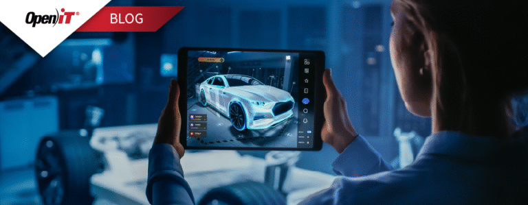 an automotive engineer using a tablet to visualize a 3d car model in a design lab. represents open it’s license tracking solutions tailored for the automotive industry, enabling optimized software usage, compliance, and cost control in engineering workflows.