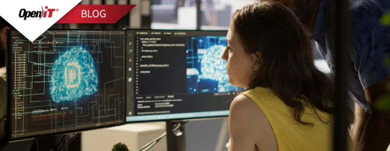 a professional analyzing digital data and ai-driven visualizations on a dual-monitor setup. represents open it’s software asset manager solutions for optimizing license usage, ensuring compliance, and managing software assets across hybrid it environments.