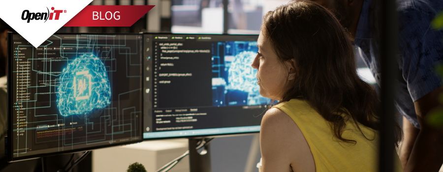 a professional analyzing digital data and ai-driven visualizations on a dual-monitor setup. represents open it’s software asset manager solutions for optimizing license usage, ensuring compliance, and managing software assets across hybrid it environments.