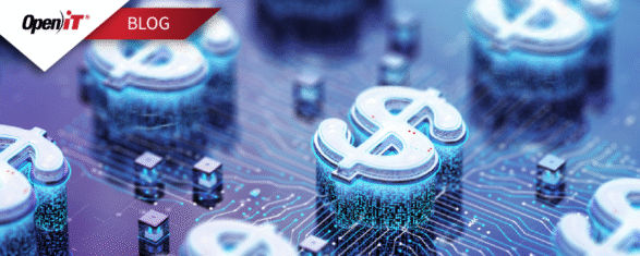 futuristic dollar signs embedded in a digital circuit board, illustrating the hidden financial impact of unused software revealed through software inventory insights powered by open it.