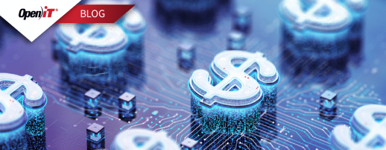 futuristic dollar signs embedded in a digital circuit board, illustrating the hidden financial impact of unused software revealed through software inventory insights powered by open it.