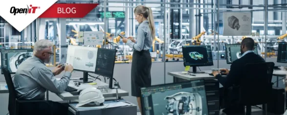 engineers in a high-tech automotive design lab working on siemens nx software, analyzing 3d car models and mechanical parts on multiple screens, with robotic arms visible in the background; open it solutions support engineering productivity and license efficiency.
