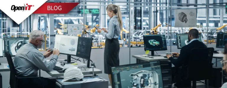 engineers in a high-tech automotive design lab working on siemens nx software, analyzing 3d car models and mechanical parts on multiple screens, with robotic arms visible in the background; open it solutions support engineering productivity and license efficiency.