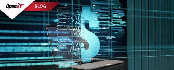 a digital illustration of a laptop with data code overlays and a dollar symbol, representing open it’s software compliance solutions for license management and cost control.