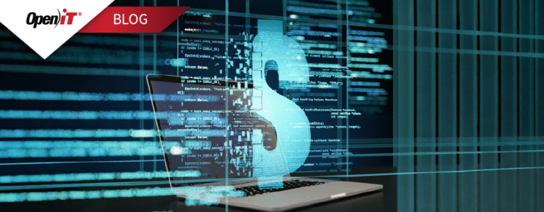 a digital illustration of a laptop with data code overlays and a dollar symbol, representing open it’s software compliance solutions for license management and cost control.