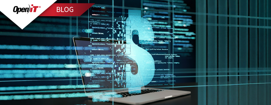 a digital illustration of a laptop with data code overlays and a dollar symbol, representing open it’s software compliance solutions for license management and cost control.