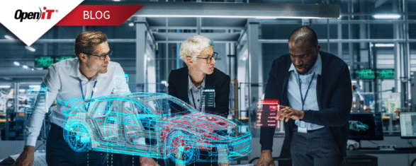 A team of automotive engineers collaborating over a holographic car design, symbolizing Open iT’s software license monitoring solutions to track and optimize engineering software usage in real time.