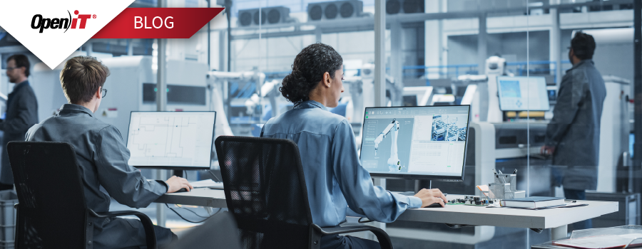 Engineers working on CAD software in a modern manufacturing lab, illustrating Open iT’s insights on software licensing models for optimizing engineering software usage and cost efficiency.