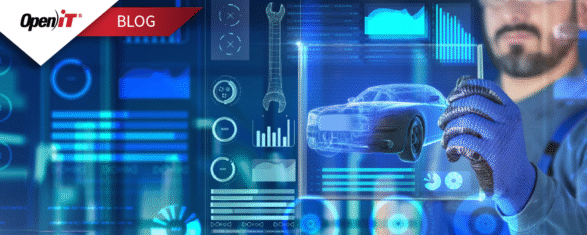 engineer using advanced digital dashboards with a holographic car model, representing open it’s license management solutions for optimizing engineering software usage and improving efficiency.