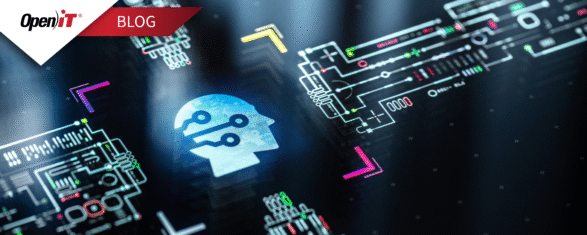 Digital interface with an AI head icon representing AEC software intelligence and workflow optimization for AEC firms, enhanced by Open iT insights for tools like Bluebeam Revu