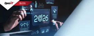 Hands interacting with futuristic analytics and projections for 2026, representing how Open iT supports smarter software license management and IT spending decisions.