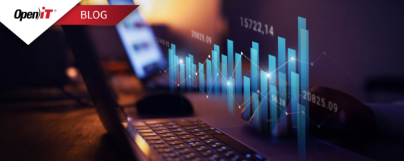 Hands working on a laptop with digital bar charts and usage analytics overlays, illustrating software asset management for AEC workflows using Open iT.