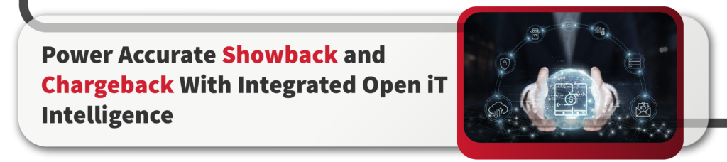Open iT graphic showing hands holding a digital cost intelligence sphere with icons representing chargeback and showback for software and IT usage accountability.