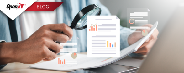 a person reviewing documents with a magnifying glass alongside digital charts and analytics overlays, illustrating SaaS cost optimization through usage intelligence, license usage analytics, and data driven insights by Open iT.
