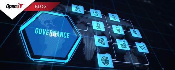 Digital governance dashboard illustrating software asset management and software governance with connected data icons and analytics insights powered by Open iT.