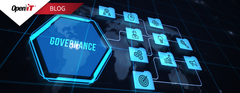 Digital governance dashboard illustrating software asset management and software governance with connected data icons and analytics insights powered by Open iT.