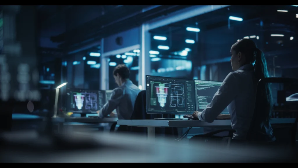 Two engineers working at computer workstations in a dark, blue-lit technology lab, with one monitor displaying a 3D CAD model of a mechanical component alongside code and technical schematics.