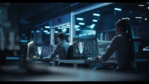 Two engineers working at computer workstations in a dark, blue-lit technology lab, with one monitor displaying a 3D CAD model of a mechanical component alongside code and technical schematics.