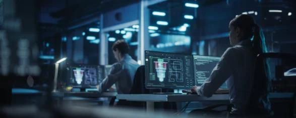 Two engineers working at computer workstations in a dark, blue-lit technology lab, with one monitor displaying a 3D CAD model of a mechanical component alongside code and technical schematics.