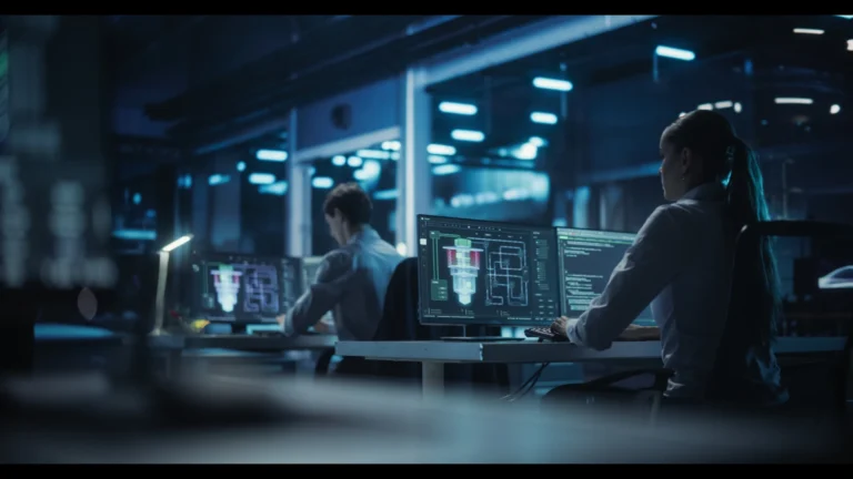 Two engineers working at computer workstations in a dark, blue-lit technology lab, with one monitor displaying a 3D CAD model of a mechanical component alongside code and technical schematics.