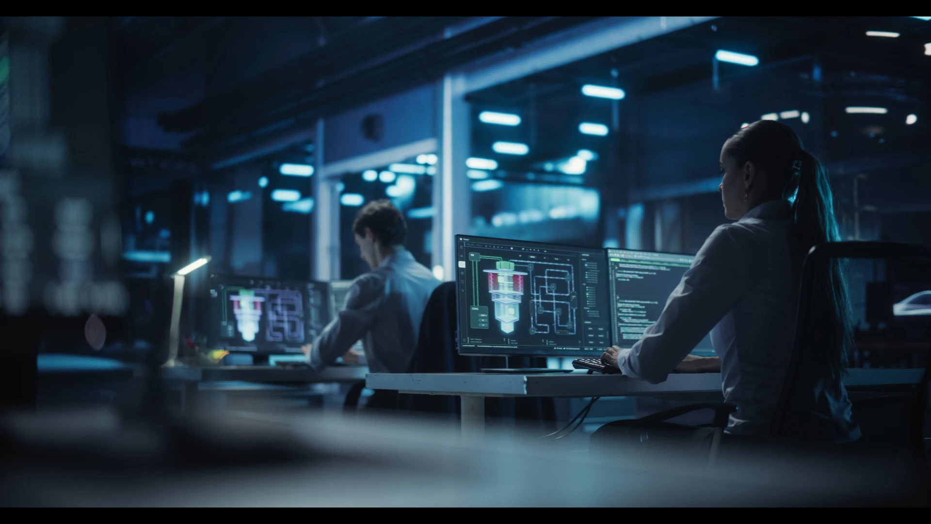 Two engineers working at computer workstations in a dark, blue-lit technology lab, with one monitor displaying a 3D CAD model of a mechanical component alongside code and technical schematics.