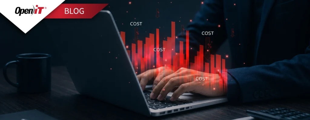 IT professional analyzing declining software cost charts on a laptop, representing hidden costs draining an IT budget