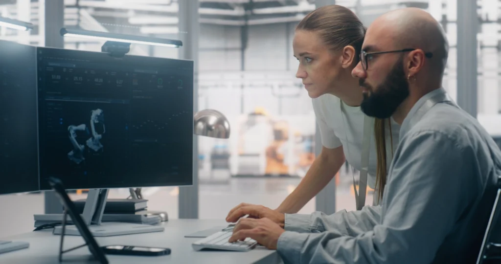 Two engineers reviewing a license and asset monitoring dashboard on a workstation in an engineering facility.