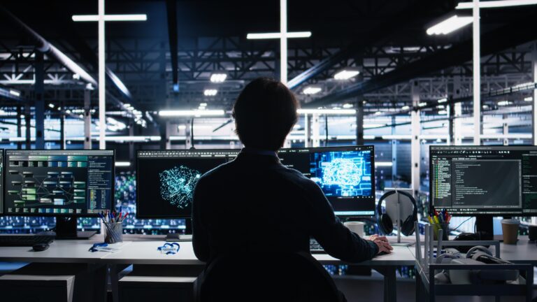 Silhouetted person seated at a multi-monitor desk in a dark server facility, working with AI neural network visualizations and a glowing brain-shaped diagram on the center screens, flanked by displays showing code, data dashboards, and network graphs.
