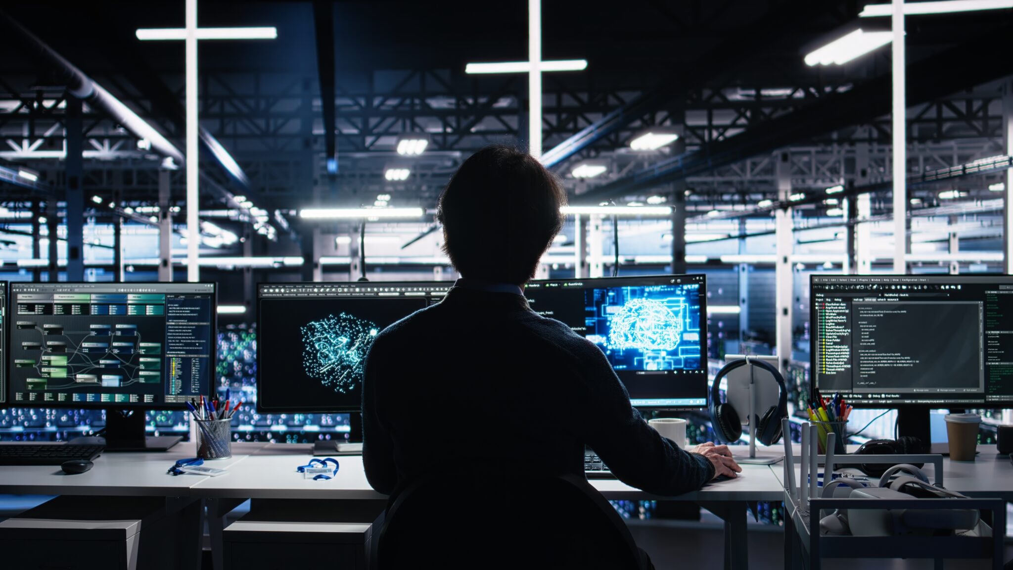 Silhouetted person seated at a multi-monitor desk in a dark server facility, working with AI neural network visualizations and a glowing brain-shaped diagram on the center screens, flanked by displays showing code, data dashboards, and network graphs.