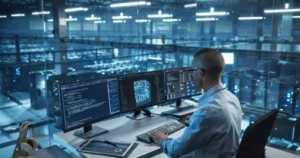 Un professionnel de l'informatique surveille le code et les données relatives à la sécurité du réseau sur plusieurs écrans dans la salle des serveurs d'un centre de données