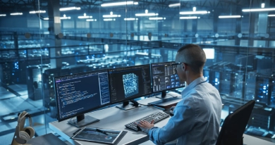 IT professional monitoring code and network security data on multiple screens in a data center server room