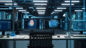 Engineering workstations running simulation software in front of a glass-walled data center