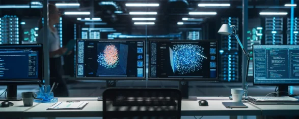 Engineering workstations running simulation software in front of a glass-walled data center