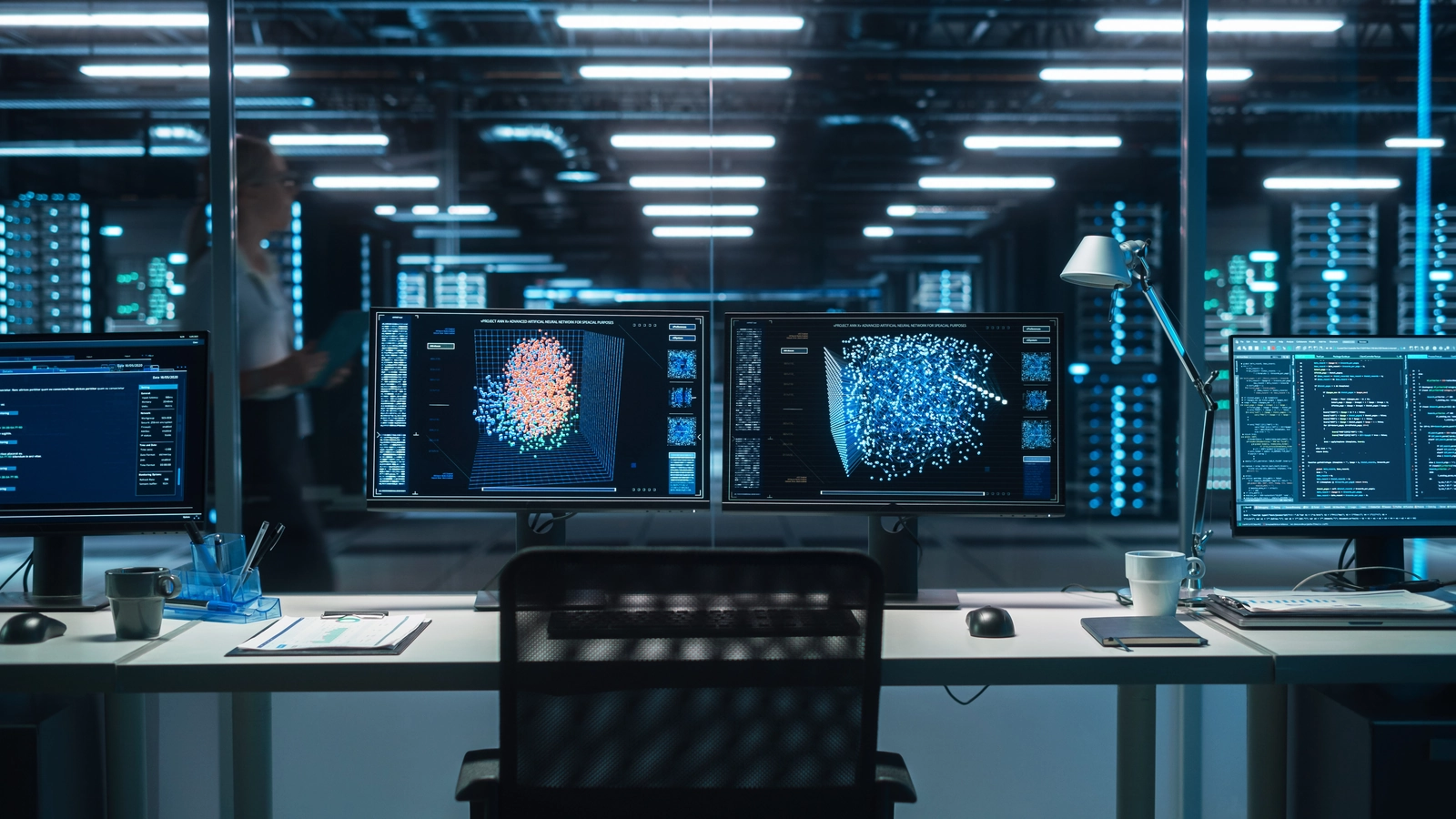 Engineering workstations running simulation software in front of a glass-walled data center
