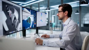 Ingeniero aeroespacial que revisa un modelo de motor de avión y los resultados de la simulación en tres monitores