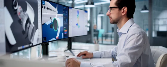 Aerospace engineer reviewing an aircraft engine model and simulation results across three monitors