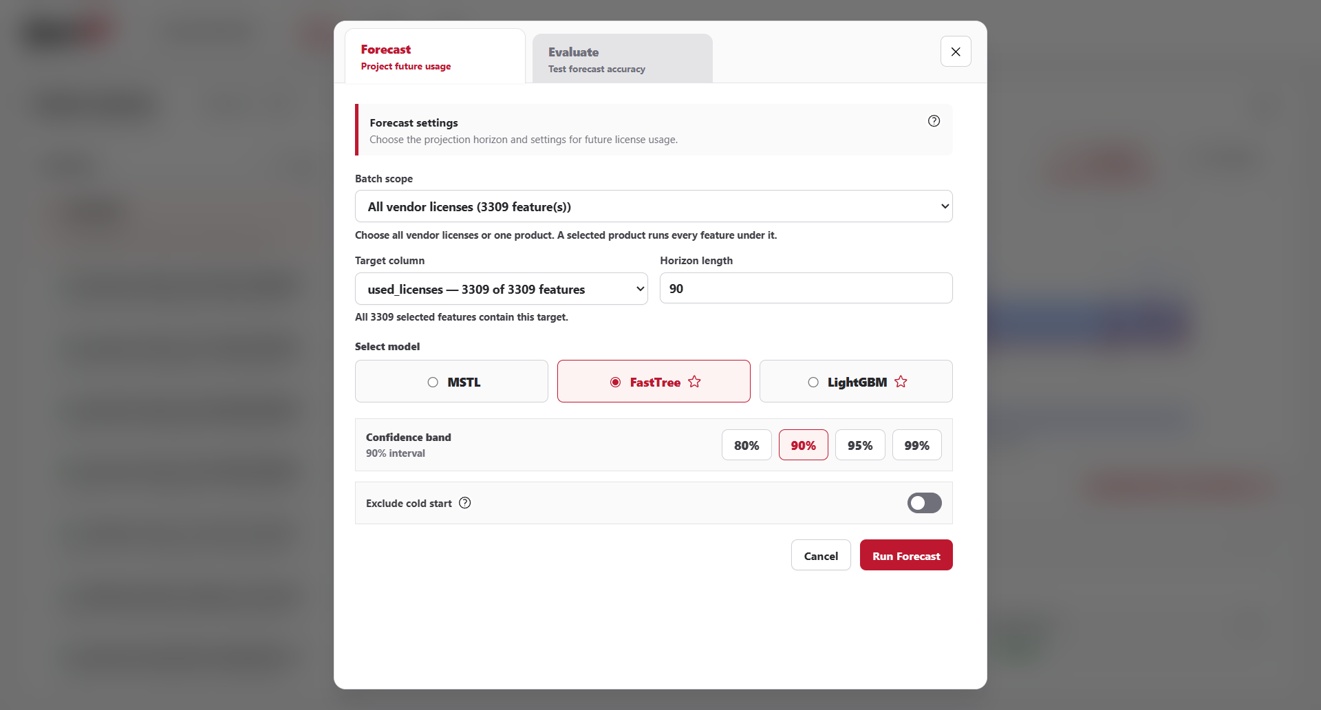 LicensePredictor batch settings for forecasting every vendor license feature in one run