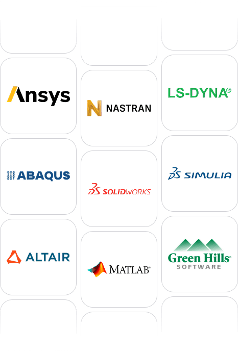 Grid of supported engineering software logos: Ansys, Nastran, LS-DYNA, Abaqus, SolidWorks, Simulia, Altair, MATLAB, and Green Hills Software.